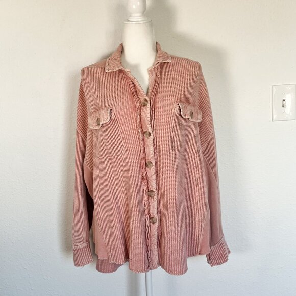 FP One Scout Jacket Mauve Waffle Long Sleeve Button Down Oversized Shacket - Picture 2 of 13